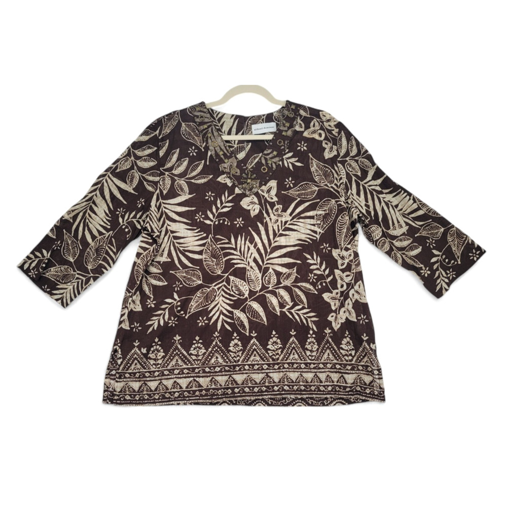 Alfred Dunner Brown Floral Embellished Tunic Top Women’s 18 Cotton Boho‎ Resort